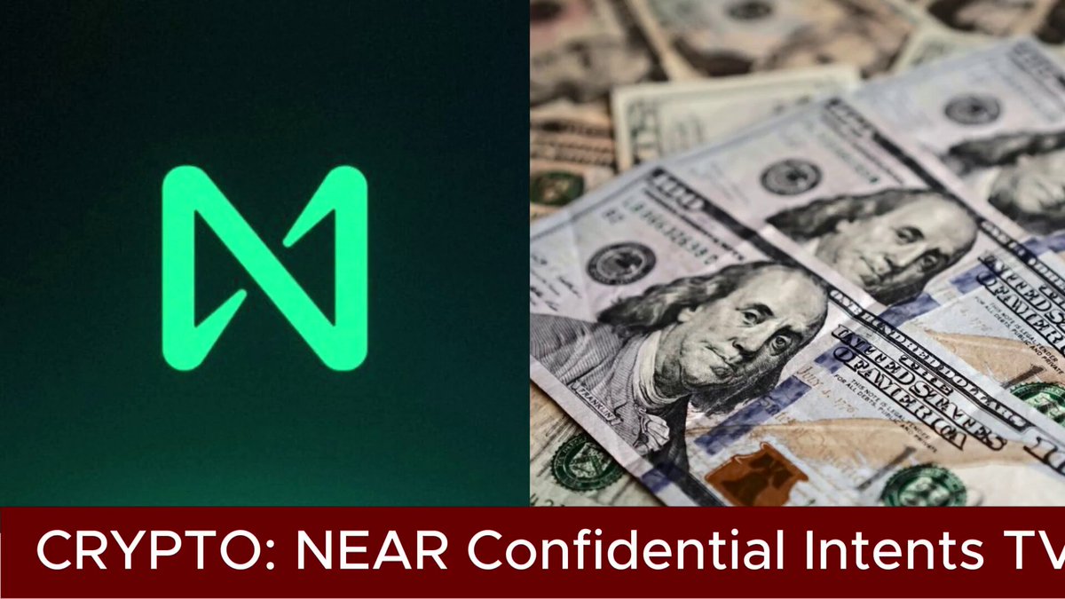 The image shows a close-up of a stack of money that reads "NEAR Confidential Intentts TVL Surges Past $26M NEAR ( @NEARProtocol ) Confidential Intents has surpassed $26 million in total value locked as adoption continues to accelerate, per Delphi Digital". The text provides information about the cryptocurrency and its worth.