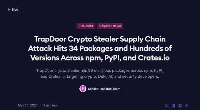 The image displays a screenshot of a blog page titled "TrapDoor CryptoStealer Supply Chain Attack Hits 34+ malicious packages and hundreds of versions across npm, pypi, and crates.io", accompanied by the text "Research Security News". It is a dark purple color with white text at the top, bottom, and center. The main focus appears to be on the post about the attack, specifically the vulnerabilities in the supply chain that can be exploited for malicious purposes.