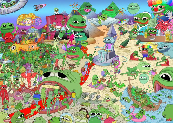 A vibrant cartoon illustration features a group of green frogs, including a frog with a red mouth and a frog with a blue nose, gathered on a sandy beach under a clear sky.