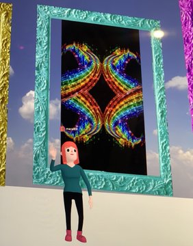 A 3D-rendered virtual avatar with red hair stands in front of an ornate teal frame displaying a colorful, symmetrical digital artwork against a sky background.