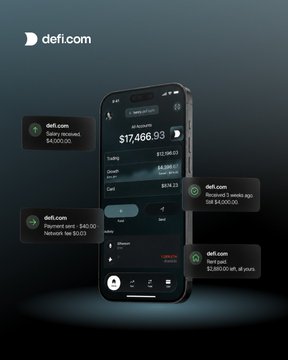 A defi.com promotional image showing a smartphone displaying a $17,466.93 balance with floating transaction notifications for salary received, crypto app withdrawal, and account credit.