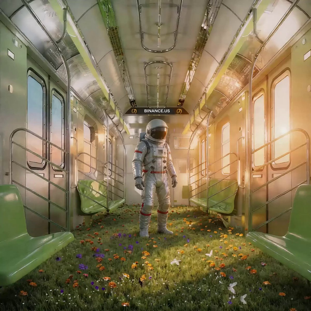 The image features an astronaut standing in a train car, surrounded by green seats and flowers. The scene appears to be set in a garden or park-like environment with grass and flowers. There are also some chairs visible in the background. The caption reads "ICYMI: $INJ is officially live on Binance US Binance was Injective' s first ever partner and incubated Injective." This suggests that the image might be related to a promotional campaign or event for Bitcoin, as it features an astronaut standing in a train car surrounded by flowers.