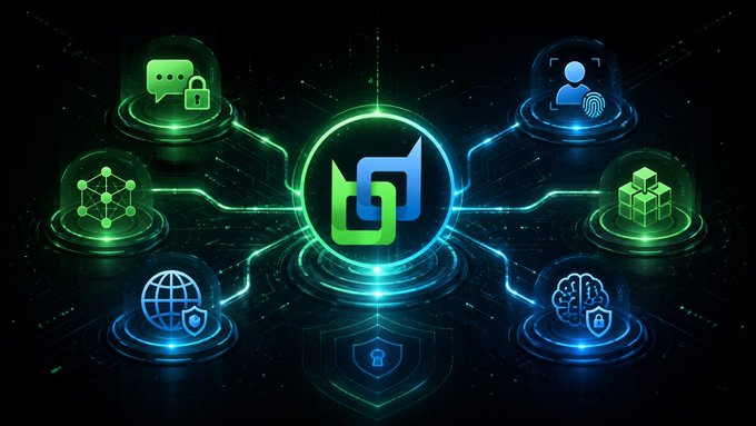 A digital graphic features a central green and blue logo surrounded by floating icons representing secure messaging, identity verification, networking, AI, blockchain, and global security against a dark background with glowing circuits.