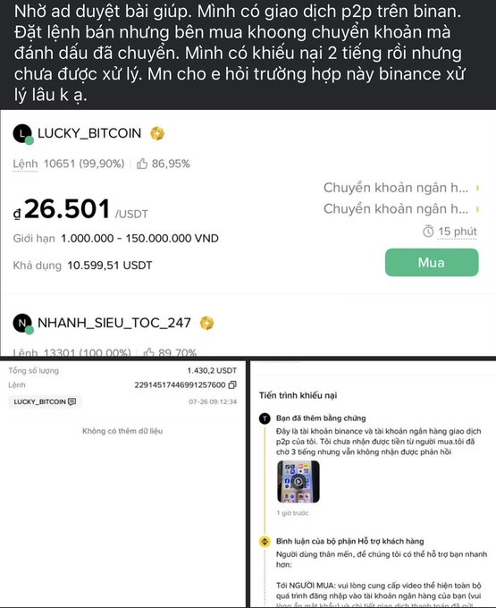 A Vietnamese-language screenshot of a Binance P2P complaint asking for help with an unfulfilled order, showing a seller "LUCKY_BITCOIN" selling 26,501 USDT and a complaint timeline.