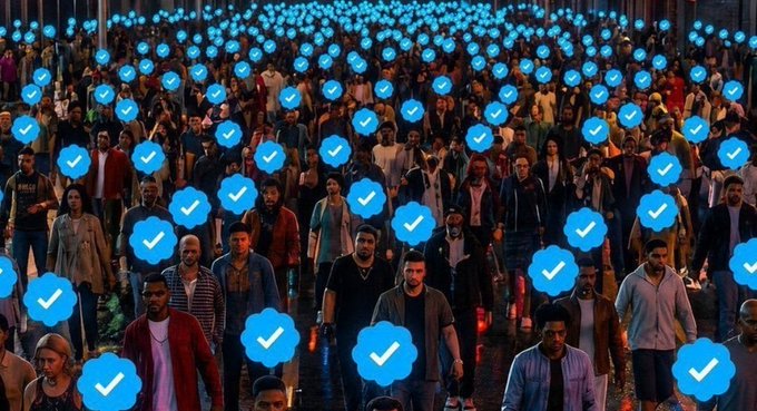 A large crowd of people is shown at night with blue Twitter verification checkmarks digitally overlaid on each individual, representing mass social media verification.