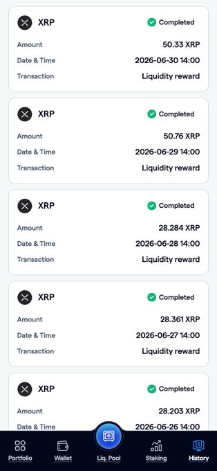 A mobile dashboard displays five completed XRP liquidity reward transactions, with the most recent being 50.33 XRP on 2026-06-30 and going back to 28.203 XRP on 2026-06-26, all marked as completed on the "Liq. Pool" tab. The image supports the post by visually demonstrating FortisX's claim of transparent, visible activity with concrete reward amounts and timestamps that users can verify.