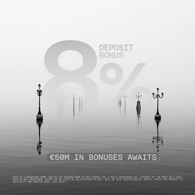 The image shows a foggy, atmospheric scene with ornate street lamps rising out of still water, featuring large faded "8%" text and "DEPOSIT BONUS" in the background, along with a banner reading "€50M IN BONUSES AWAITS" and OKX/Europe Ltd. disclaimers at the bottom.

The minimal, almost surreal imagery visually reinforces OKX's European launch campaign, with the mysterious lamps emerging from mist evoking a sense of discovery and the "8% deposit bonus" and "€50M in bonuses awaits" highlighting the headline offer promoted in the accompanying post.