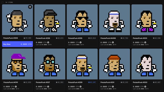 A screenshot of a marketplace displaying pixel-art 'PotatoPunk' NFT characters with numbers ranging from #295 to #4741 and various ETH prices.