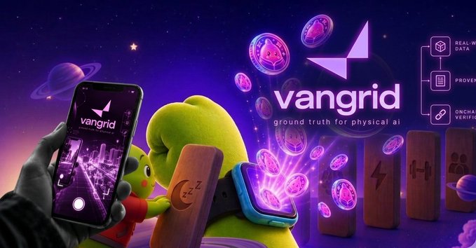 A promotional banner for 'vangrid' featuring a cartoon green character holding a smartphone displaying the app interface, surrounded by floating purple cryptocurrency-style coins and text highlighting 'ground truth for physical ai', 'REAL-WORLD DATA', and 'ONCHAIN VERIFICATION'.