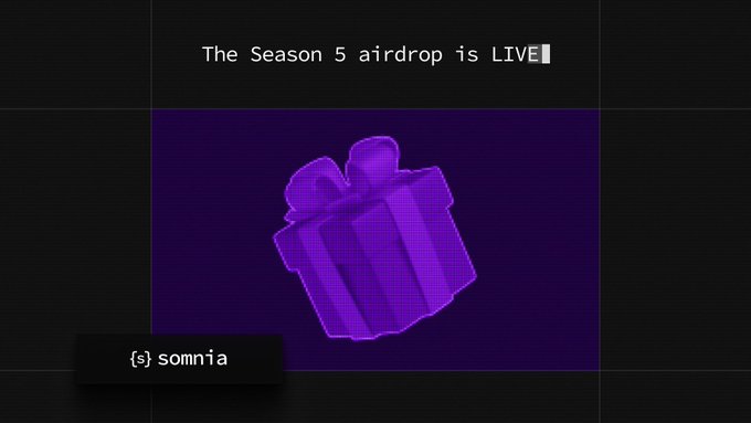 "The Season 5 airdrop is LIVE," as announced by Somnia, featuring a purple gift box animation. The post indicates a giveaway of the first 20% of the claimed airdrop to followers who drop their EVM address.