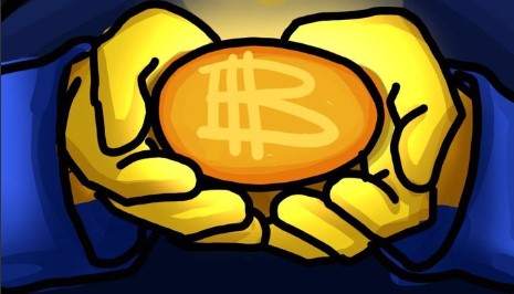 A digital illustration of yellow cartoon hands holding a large gold coin with a Bitcoin-style symbol.