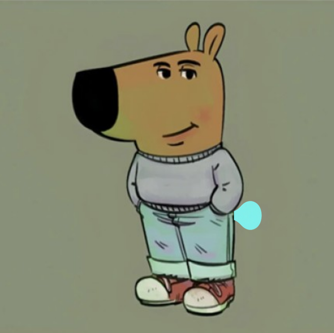 An illustration of the cartoon character Hige from Hige wo Soru, depicted as a dog-human hybrid wearing a blue sweater and jeans.