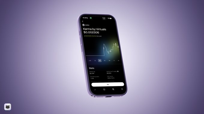A smartphone displays the Robinhood app showing the "Karma by Virtuals" token with a price of $0.002300 and a line graph of its performance. The image visually represents the false-positive auto-flagging of $KARMA in the Robinhood app mentioned in the post, illustrating the interface where the token was incorrectly flagged before BlockAid's review confirmed it as legitimate.