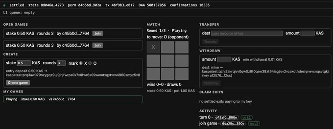 A screenshot of a blockchain-based tic-tac-toe gambling application showing game lobbies with stakes of 0.50 KAS, a match in progress, and options to create, join, or withdraw funds.
