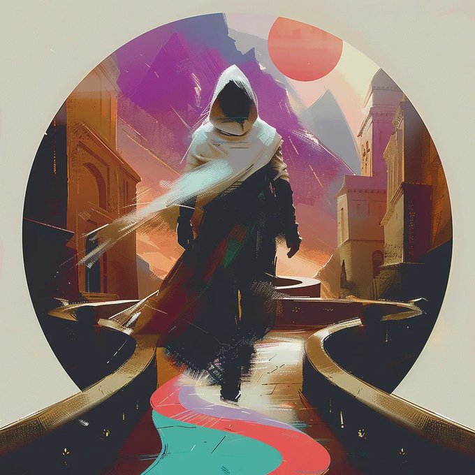 A hooded figure in white robes stands on a winding path through a surreal, sunset-lit cityscape, embodying the ominous theme suggested by "The Reaper Cometh." The vibrant circular composition, with its striking pink sun and purple mountains, gives the lone traveler an otherworldly, journey-toward-destiny feel that matches the artwork's title on Art Collect.