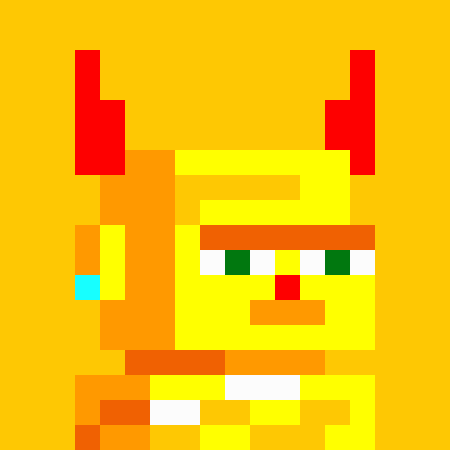 A pixel art illustration of a yellow character with red horns, green eyes, and a blue earring against a solid yellow background.
