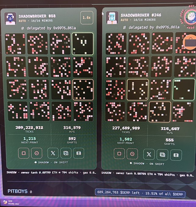 A digital interface showing two 'SHADOWBROKER' mining operations (#58 and #246) with 16/16 miners each, displaying pixelated grid patterns, ticket counts, and hash rates.