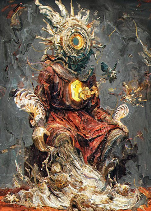 A dark, surreal painting of a figure with a mechanical sun-like head, sitting in red robes with its hands positioned as if manipulating swirling waves below.