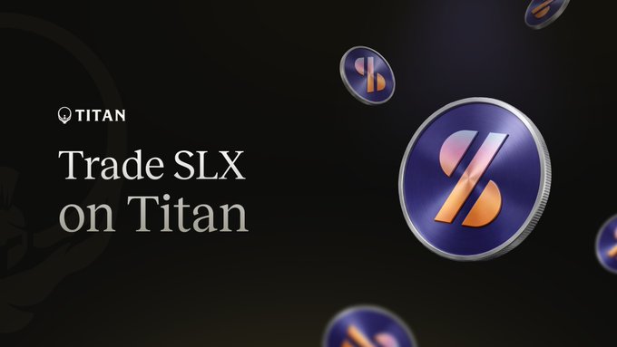 A promotional graphic for Titan exchange featuring floating SLX coin tokens with the text 'Trade SLX on Titan'.