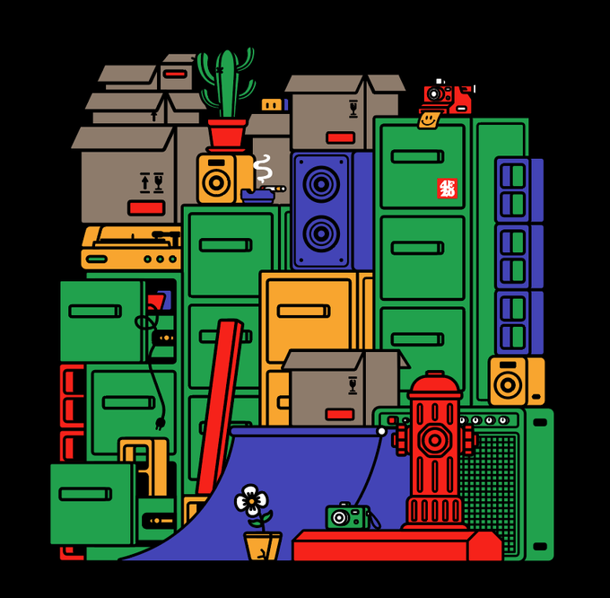 A colorful, densely packed collage of household objects, storage cabinets, electronics, plants, tools, and a red fire hydrant on a black background; a small red label on a green cabinet contains a Chinese character.