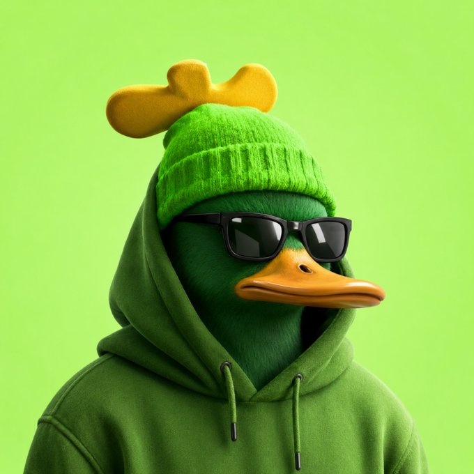 A stylized 3D-rendered duck character wearing a green hoodie, black sunglasses, and a yellow and green beanie against a bright green background.