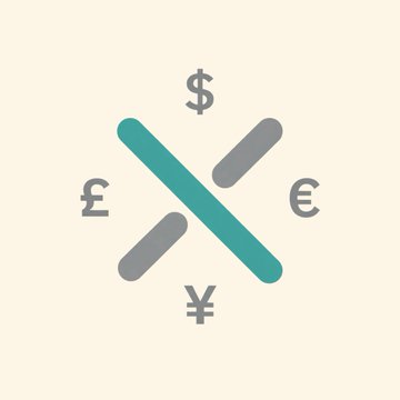 A stylized "X" formed by teal and gray intersecting lines, surrounded by four currency symbols ($ at top, € at right, £ at left, ¥ at bottom), visually representing the new currency and tokenized stock pairings now available on Robinhood Chain.