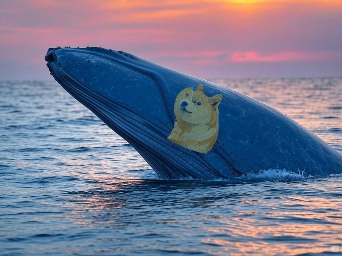 A blue whale breaches the ocean surface at sunset, with a cartoon image of a Shiba Inu dog superimposed on its side.