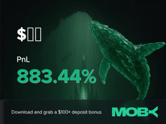 A Moby promotional graphic featuring a large green whale silhouette beside text showing "PnL 883.44%" and "$100+" deposit bonus, tied to a win alert announcing a trader who closed a position for a profit of +883.44%.