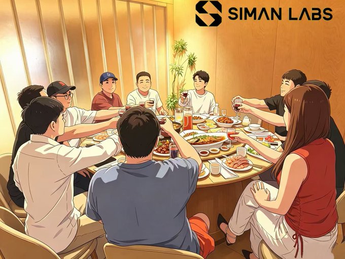 An anime-style illustration of a group of people raising glasses in a toast around a dining table filled with food, branded with the 'SIMAN LABS' logo in the top right.