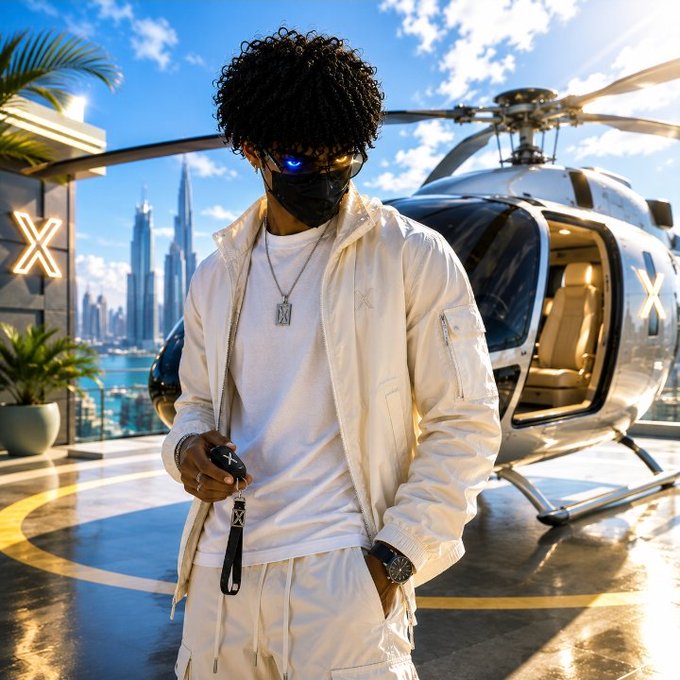 A stylized image of a young man with curly hair wearing a black mask with glowing eyes, a white jacket, and a silver necklace, standing next to a helicopter on a helipad with a city skyline in the background.