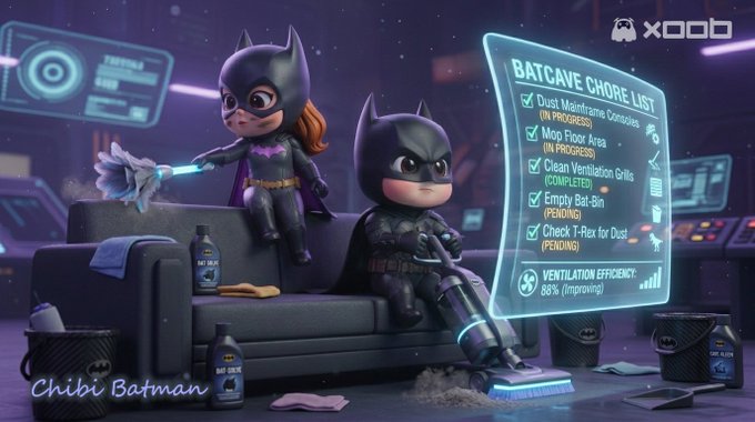 In this image, there are two cartoon characters sitting on a couch with cleaning supplies around them. One character is wearing a black cape and holding a mop, while the other character has a broom. The background of the image features a computer screen displaying a list of tasks for batcave chores.