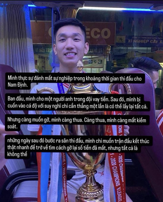 A smiling young man holds a large silver trophy on a bus, with red and blue ribbons. Vietnamese text overlays describe his early career with Nam Dinh football club and struggles with gambling.