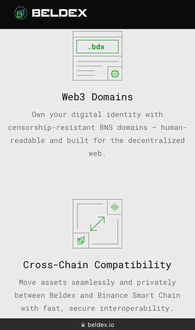 A Beldex informational graphic highlights Web3 Domains (.bdx) for decentralized digital identity and cross-chain compatibility between Beldex and Binance Smart Chain.