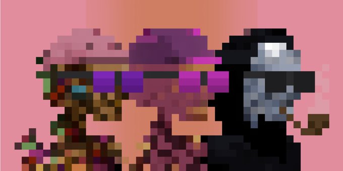 A low-resolution pixel art image showing three figures wearing sunglasses against a pink background.