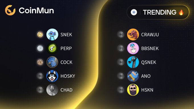 A "CoinMun" trending cryptocurrencies list showing meme tokens ranked by popularity, including SNEK (#1), PERP (#2), COCK (#3), HOSKY (#4), CHAD (#5), CRAWJU (#6), BBSNEK (#7), QSNEK (#8), ANO (#9), and HSKN (#10).
