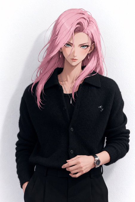 An anime-style illustration depicts a young woman with flowing pink hair, blue eyes, and small hoop earrings, wearing a black button-up cardigan over a black top, accessorized with a silver necklace and wristwatch, standing against a plain white wall. The image doesn't visually depict cryptocurrency, a browser, or Beldex Coin, but rather accompanies the post's "Gm" and motivational Wednesday greeting as a stylish avatar or banner, with the pink-haired figure conveying a cool, focused aesthetic that complements the user's message about staying "locked in" on using the BeldexCoin browser.