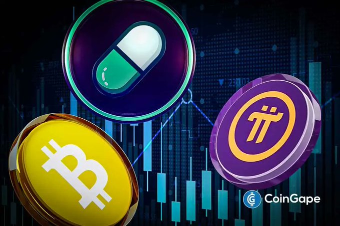 Crypto coins Bitcoin and Pi Network displayed over a downward trending candlestick chart, visually reinforcing the market downturn highlighted in the update, with Bitcoin's drop below $63,000 and the $238M liquidations reflecting the bearish pressure.