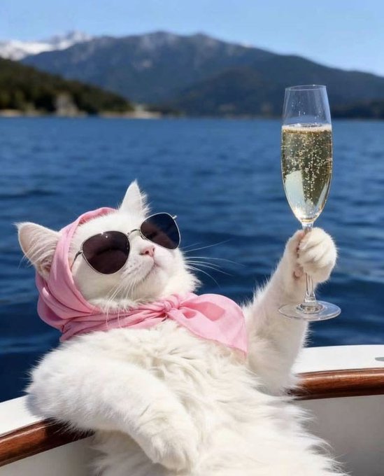 A white cat lounges on a boat, wearing pink sunglasses and a pink scarf, while raising a champagne flute against a backdrop of blue water and mountains.