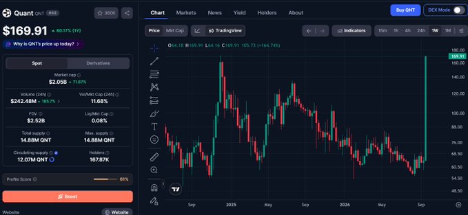 A financial dashboard displays QNT cryptocurrency at $169.91 with a 60.17% gain (1Y), showing market cap of $2.05B and a TradingView candlestick chart spanning from 2023 to 2024.