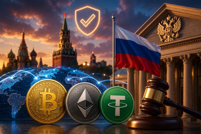 A promotional graphic featuring Bitcoin, Ethereum, and Tether cryptocurrencies in front of a Russian flag and government buildings, with a gavel and shield icon.