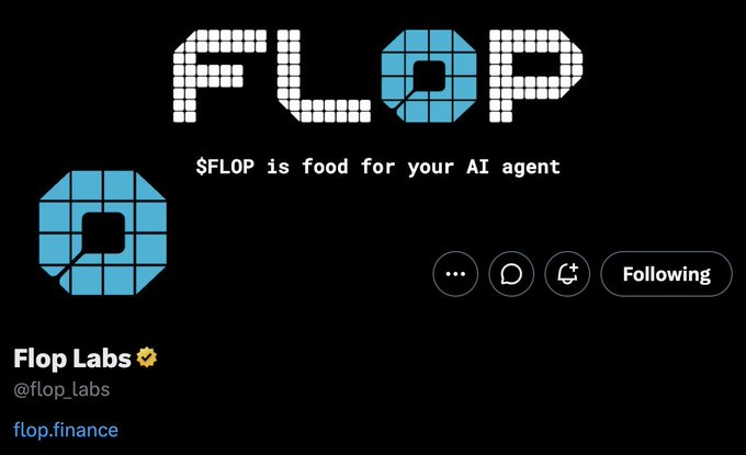 A Twitter profile page for "Flop Labs" (@flop_labs) with the tagline "$FLOP is food for your AI agent," featuring a pixelated blue "FLOP" logo, relating to the post promoting Flop Labs as an emerging AI-Agentic crypto project by CryptoHayes offering airdrops to KOLs and creators.