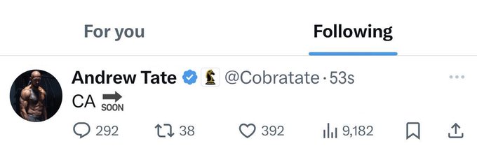 A tweet from verified account Andrew Tate (@Cobratate) reading "CA ➡️ SOON" with 292 replies, 38 retweets, 392 likes, and 9,182 views, teasing the launch of his "The Real World" ($TRW) coin.