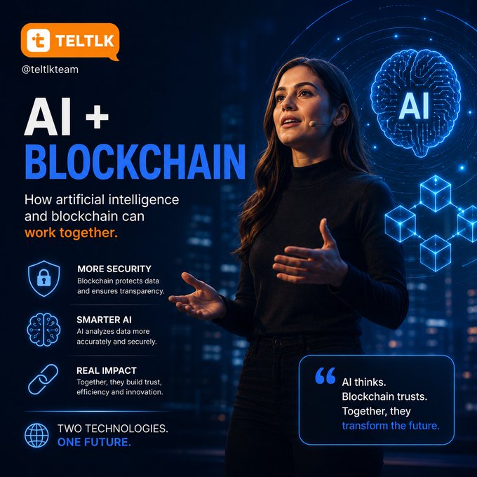 A promotional graphic titled "AI + BLOCKCHAIN" by TELTLK (@teltkteam), featuring a woman speaking with AI brain and blockchain cube graphics, and text "AI thinks. Blockchain trusts. Together, they transform the future."