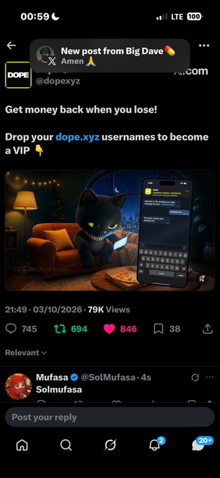 A screenshot of a post from 'Big Dave' (@dopexyz) on what appears to be X, advertising 'Get money back when you lose!' with a cartoon cat mascot, showing engagement metrics of 694 retweets and 846 likes.