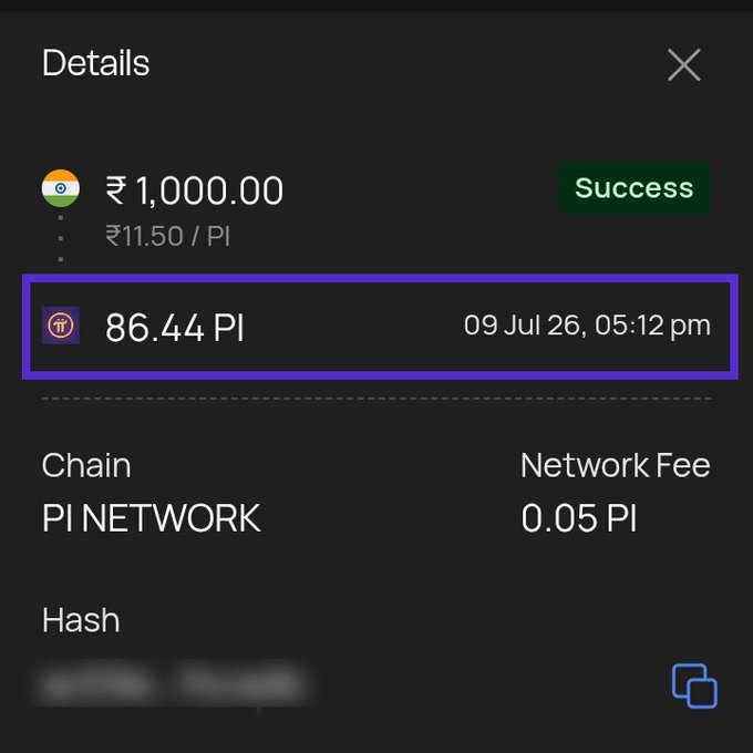 A Pi Network transaction confirmation showing a successful withdrawal of 86.44 PI (≈₹1,000.00 at ₹11.50/PI) on 09 Jul 26, with a network fee of 0.05 PI on the PI Network chain—suggesting the user is actively trading Pi during a price dip and likely views it as a buying opportunity worth engaging with.