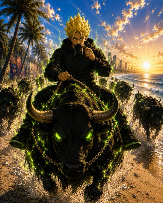 A spiky-haired anime character in a black hoodie rides a massive, crackling green-eyed black bull across a sun-drenched beach alongside a stampede of similar charging bulls, visually embodying the post's "gm bulls" rallying cry and the $ANSEM token's theme of bold, momentum-creating leadership.