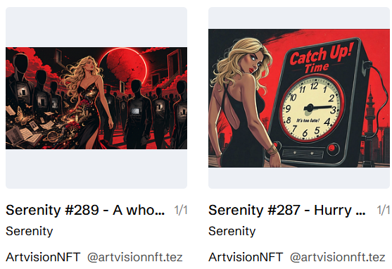 The image shows two NFT listings from the "Serenity" collection by ArtvisionNFT (@artvisionnft.tez): piece #289 titled "A who..." and piece #287 titled "Hurry...", each priced at 1/1 (tezos). The artwork features stylized illustrations of women in red and black tones, with the second piece prominently displaying a clock reading "It's too late!" — both fitting the theme of self-care and treating oneself to art as suggested by the accompanying post.