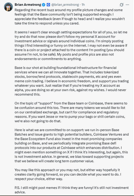 A tweet from Brian Armstrong (@brian_armstrong) clarifying that his X account is not investment advice and explaining Base/Coinbase's commitment to supporting builders without pumping specific tokens.