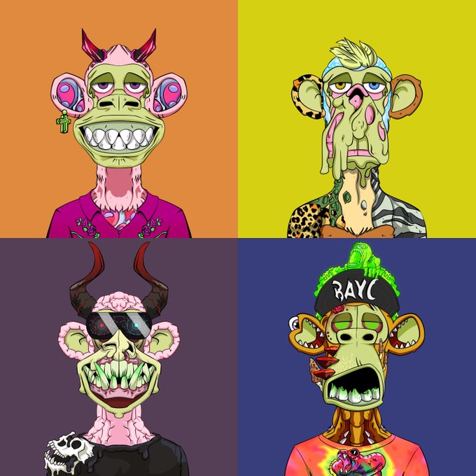 The image features four cartoon monkey characters, each with unique facial expressions and clothing styles. The monkeys are arranged in a square formation against a purple background. Each monkey has a distinct expression or pose that adds character to their appearance. The text "Open for art commissions if you’d like to have your @BoredApeYC mutant front facing like this" suggests the possibility of creating custom artwork featuring these characters, while "Dms open if you’re interested and let's cook" implies a willingness to collaborate on projects or share ideas.