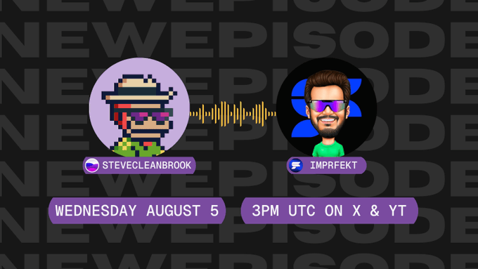 A promotional graphic for a new podcast episode featuring avatars of "SteveCleanBrook" (pixel art pirate) and "Imprfekt" (cartoon figure with sunglasses), with text announcing "WEDNESDAY AUGUST 5" at "3PM UTC ON X & YT," supporting the post about being featured on the Solana Podcasts homepage.